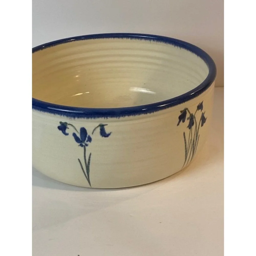 Lynn Gray Signed Studio Pottery Bowl Blue Iris Floral Cobalt Rim Large 9.5 Inch